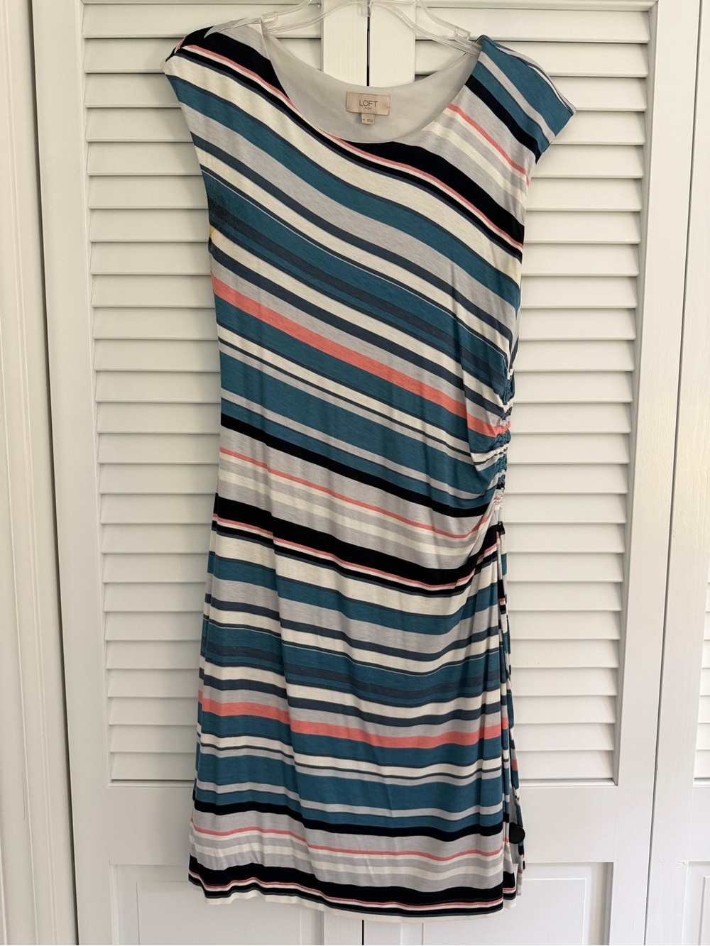 LOFT Teal, Coral & White Striped Side-Ruched Midi Dress